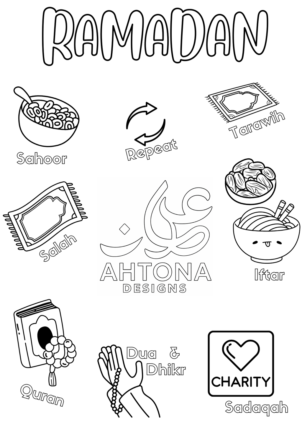 FREE: Ramadan “Sahoor–Salah–Repeat” Coloring Page