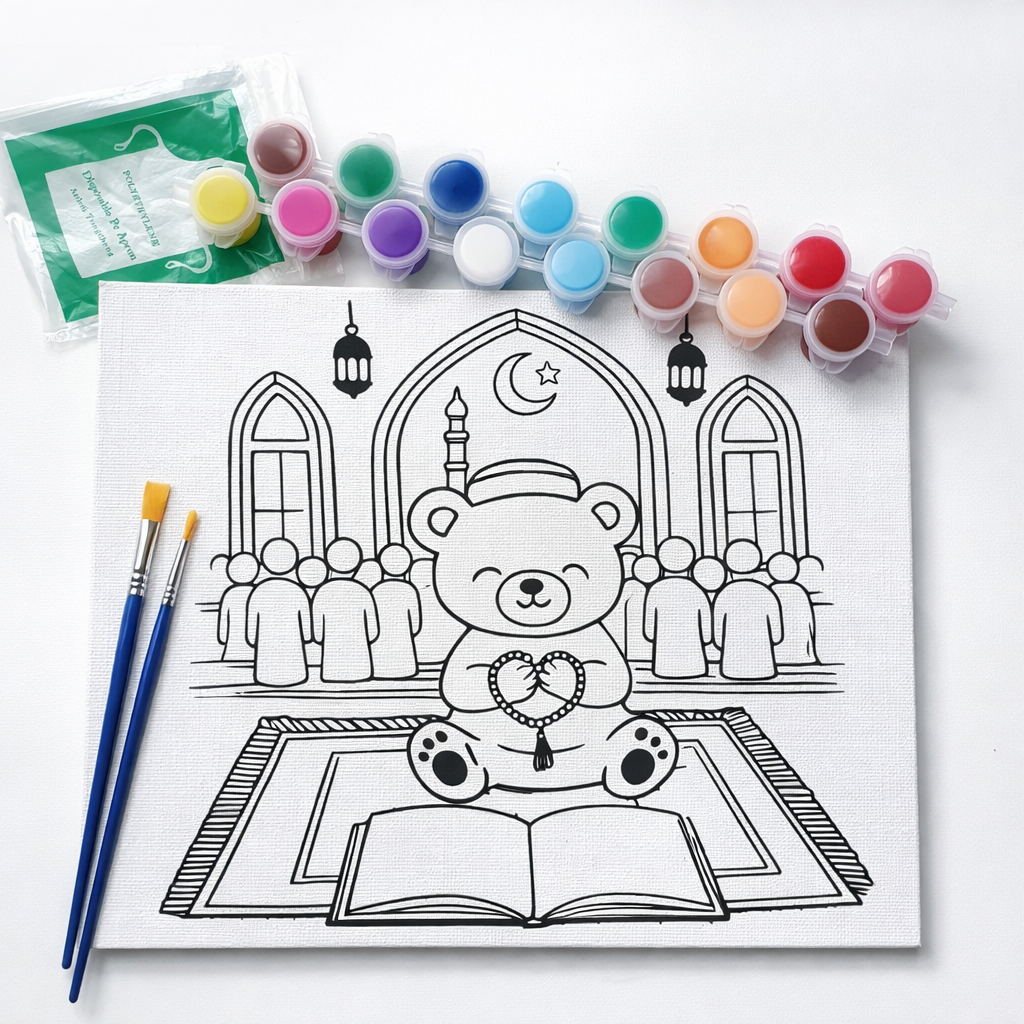Tarawih Teddy Bear Kids Ramadan Paint Canvas (8x8)