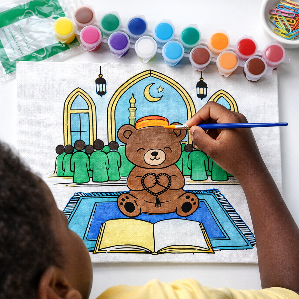 Tarawih Teddy Bear Kids Ramadan Paint Canvas (8x8)